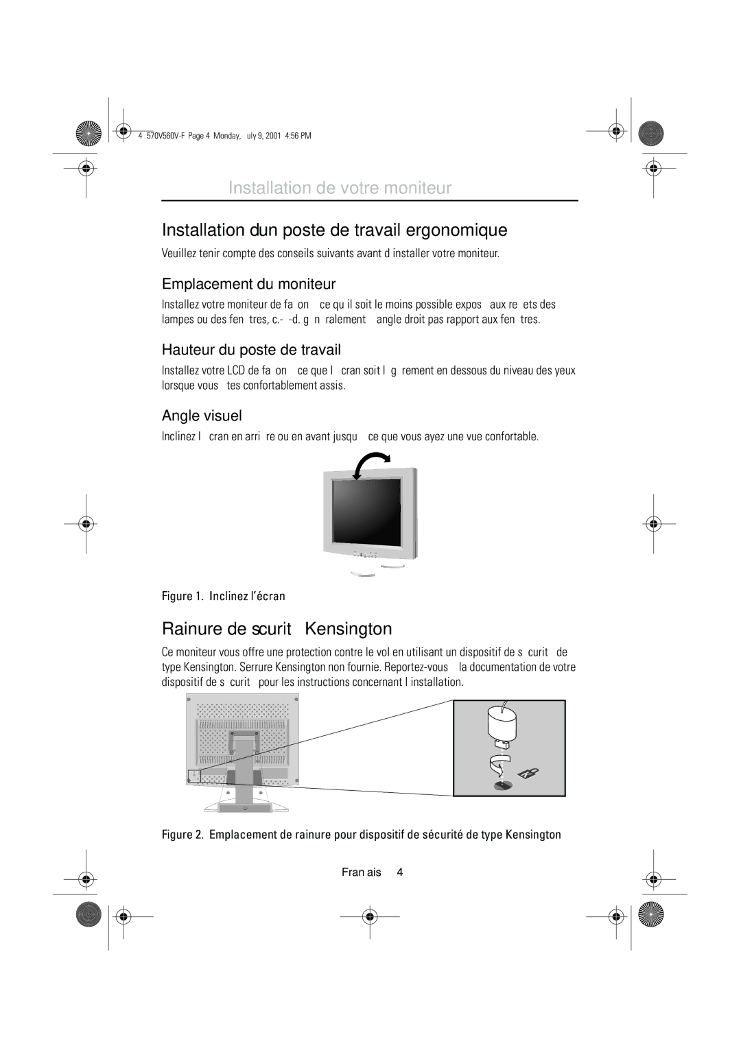 Samsung CN15VOSN/VNT manual Installation d’un poste de travail ergonomique, Rainure de sécurité Kensington, Angle visuel 