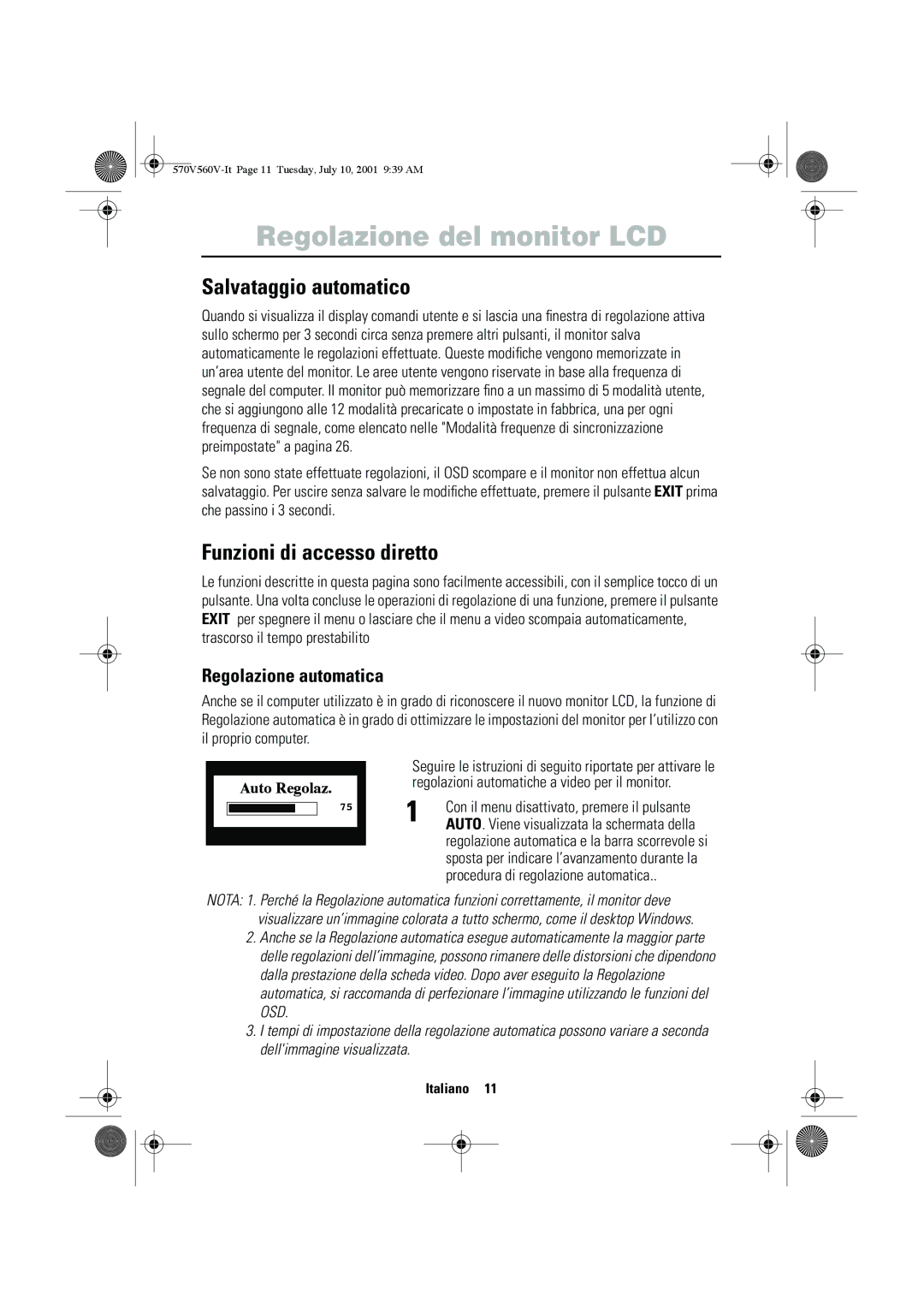 Samsung CN15VOSN/VNT manual Salvataggio automatico, Funzioni di accesso diretto, Regolazione automatica 