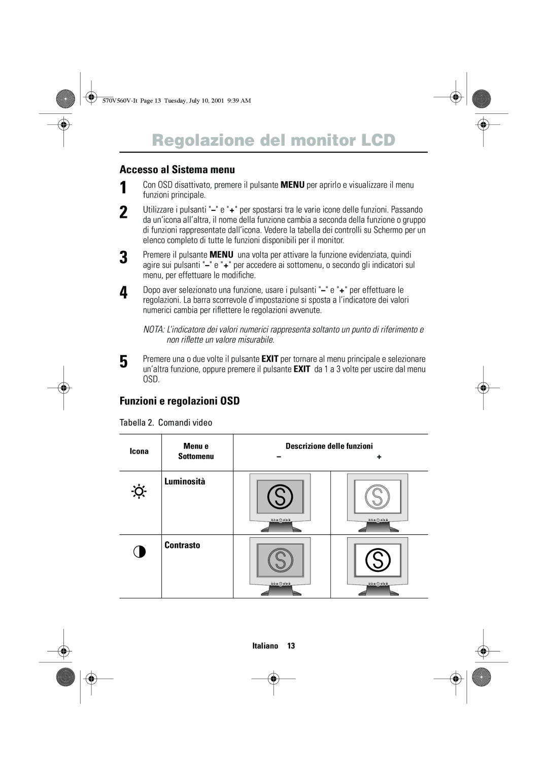 Samsung CN15VOSN/VNT manual Accesso al Sistema menu, Funzioni e regolazioni OSD, Luminosità Contrasto 