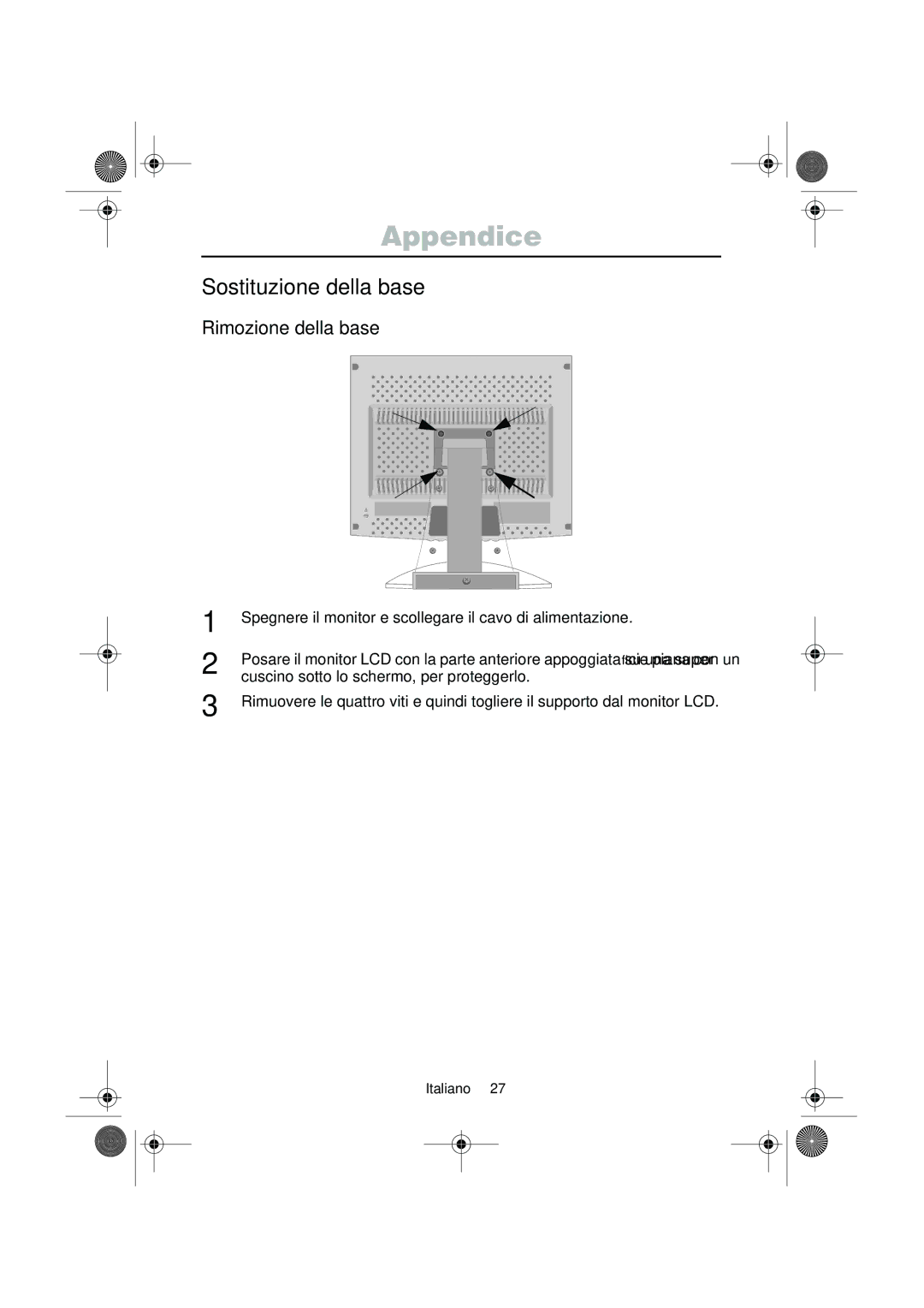 Samsung CN15VOSN/VNT manual Sostituzione della base, Rimozione della base, Cuscino sotto lo schermo, per proteggerlo 