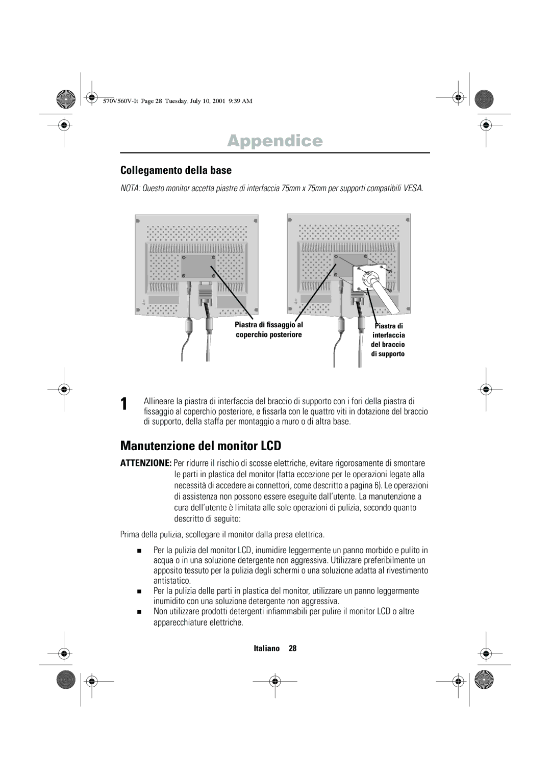 Samsung CN15VOSN/VNT manual Manutenzione del monitor LCD, Collegamento della base 