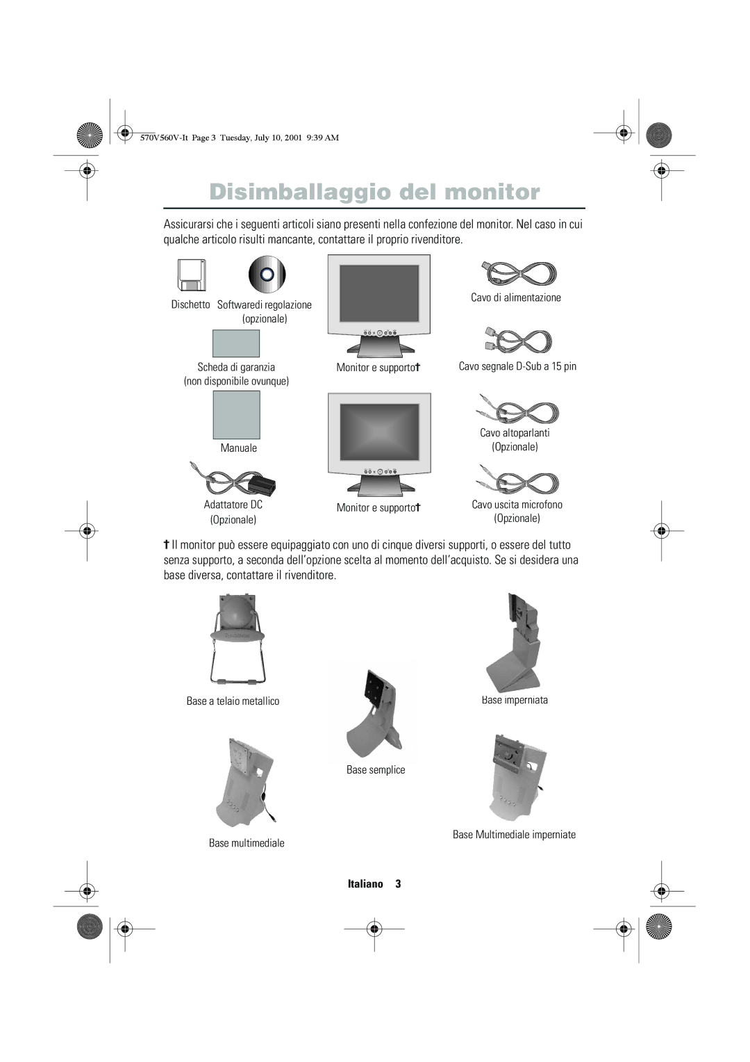 Samsung CN15VOSN/VNT manual Disimballaggio del monitor 