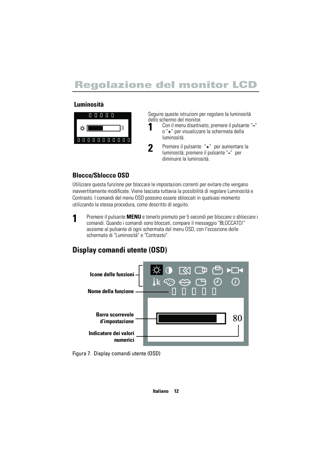 Samsung CN15VSPS/EDC, CN15VSPN/EDC Display comandi utente OSD, Luminosità, Blocco/Sblocco OSD, Diminuire la luminosità 