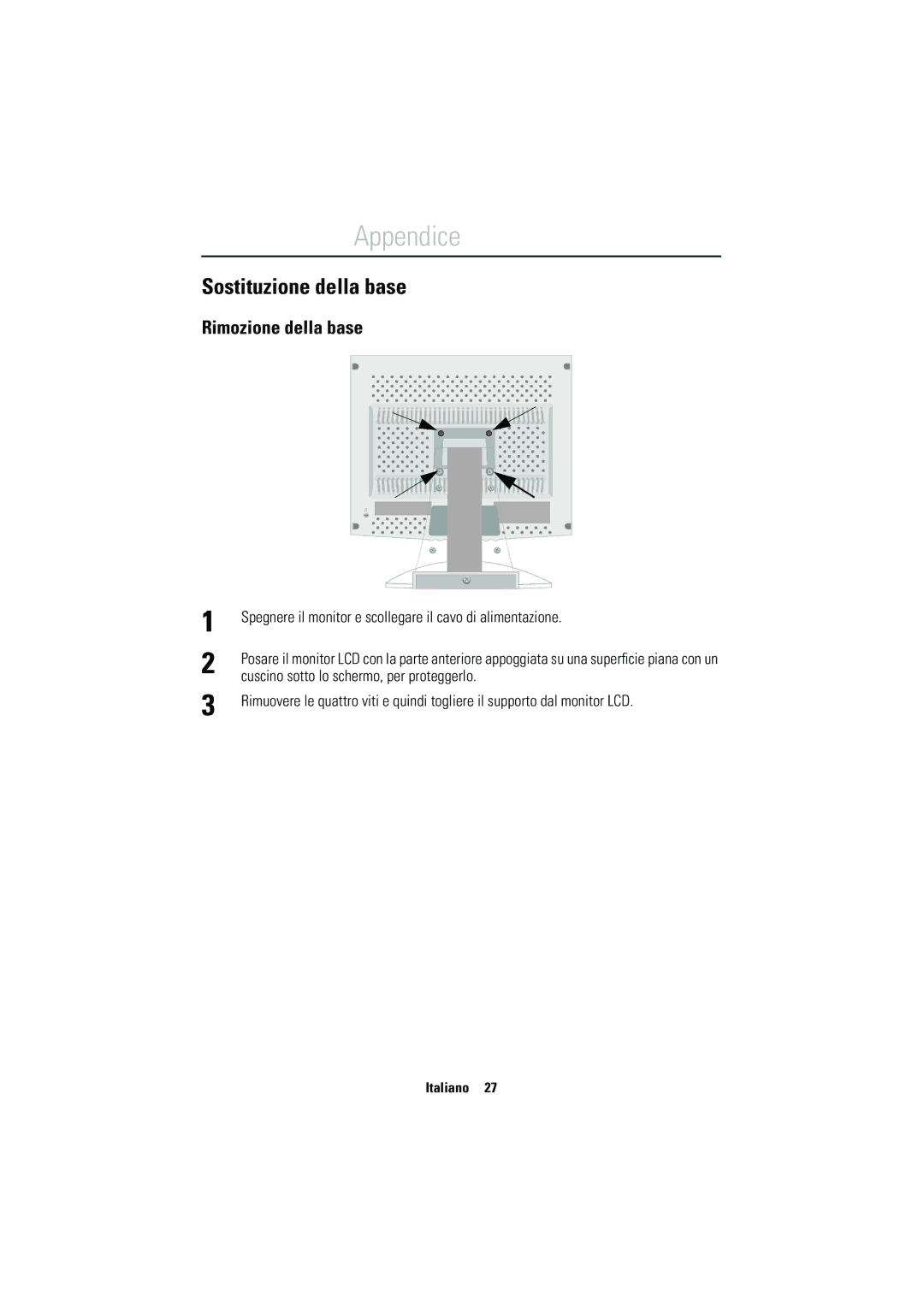 Samsung CN15VSPN/EDC manual Sostituzione della base, Rimozione della base, Cuscino sotto lo schermo, per proteggerlo 