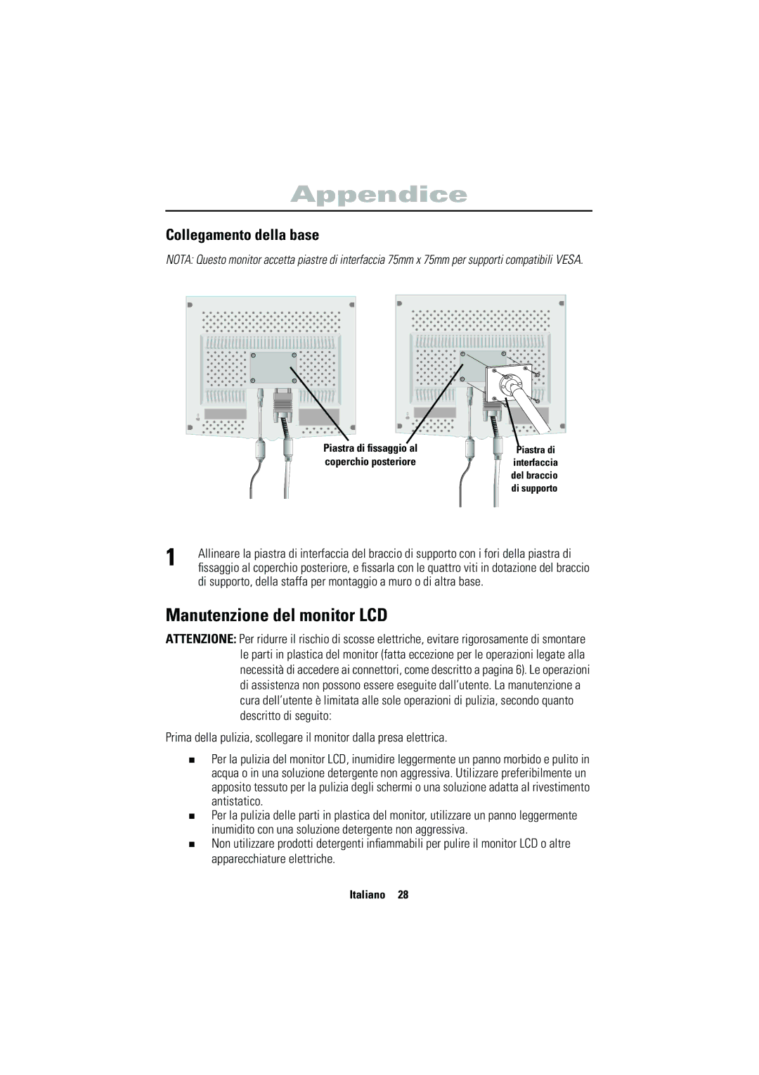 Samsung CN15VSPS/EDC, CN15VSPN/EDC manual Manutenzione del monitor LCD, Collegamento della base 