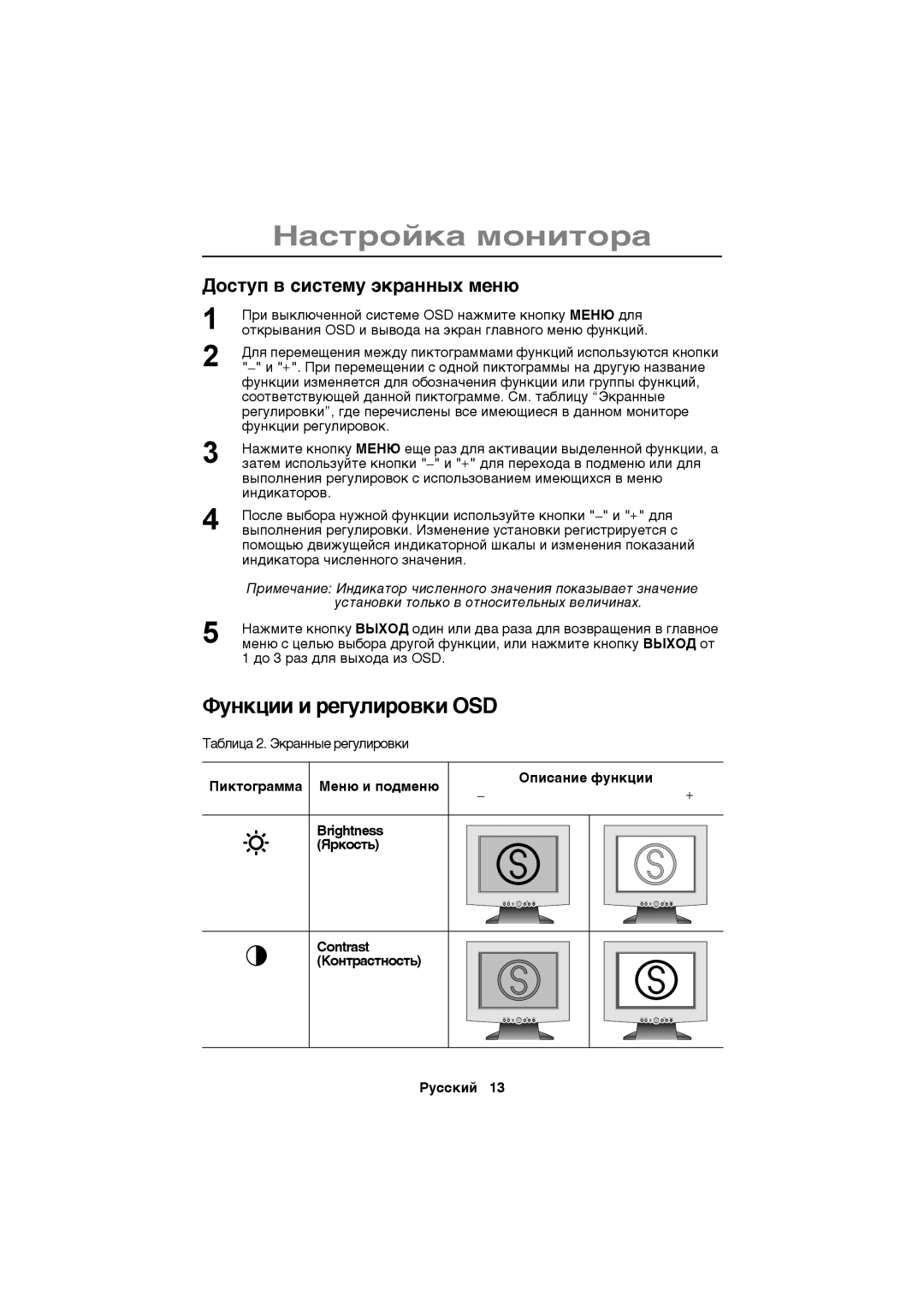 Samsung CN15VSNN/EDC, CN15VSSN/EDC, CN15VSPN/EDC, CN15VSAN/EDC Ôóíêöèè è ðåãóëèðîâêè OSD, Äîñòóï â ñèñòåìó ýêðàííûõ ìåíþ 