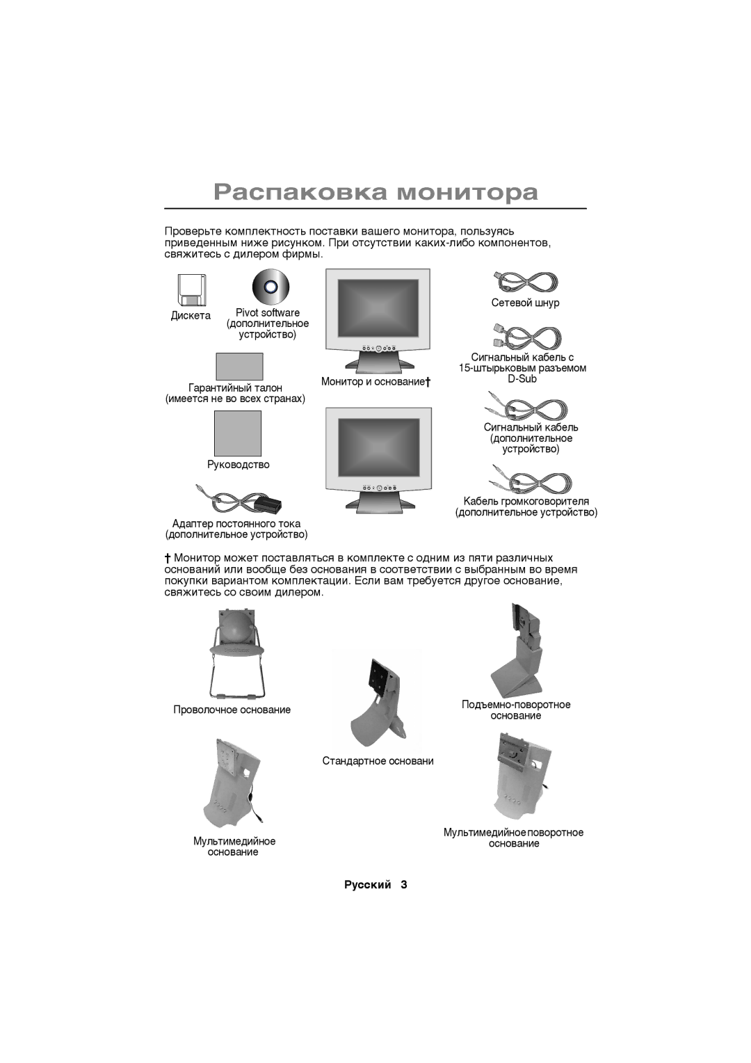 Samsung CN15VSPN/EDC, CN15VSSN/EDC, CN15VSAN/EDC, CN15VSNN/EDC manual Ðàñïàêîâêà ìîíèòîðà, Ðóññêèé 