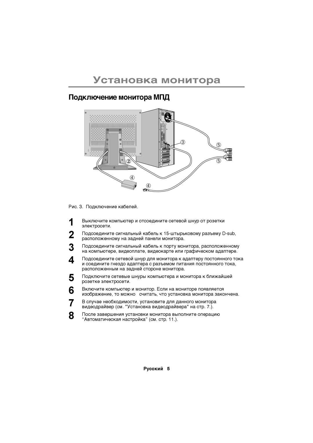 Samsung CN15VSNN/EDC, CN15VSSN/EDC, CN15VSPN/EDC, CN15VSAN/EDC manual Ïîäêëþ÷åíèå ìîíèòîðà ÌÏÄ, ➂ ➄ 