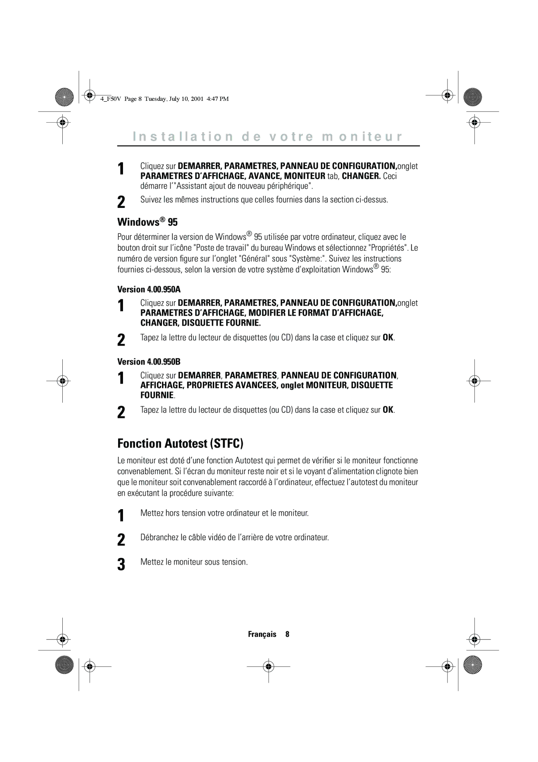 Samsung CN15VTSN/EDC manual Fonction Autotest Stfc, Démarre l’Assistant ajout de nouveau périphérique, Version 4.00.950A 