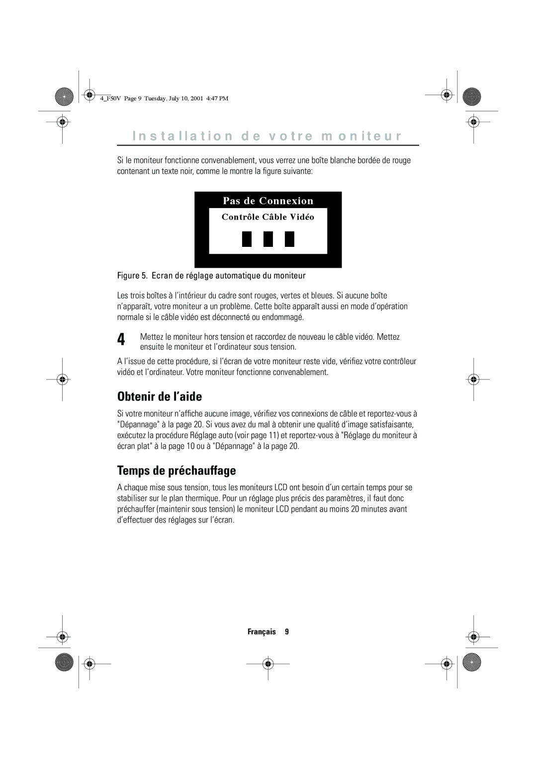 Samsung CN15VTAN/EDC manual Obtenir de l’aide, Temps de préchauffage, Ensuite le moniteur et l’ordinateur sous tension 