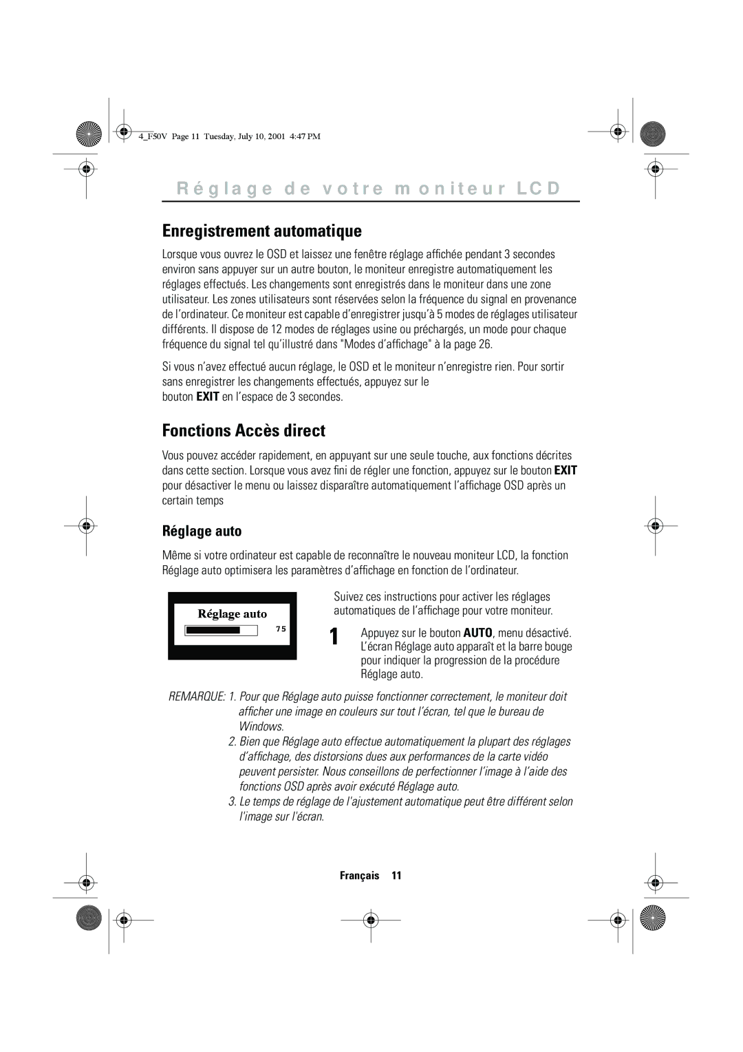 Samsung CN15VTAS/EDC, CN15VTSN/EDC, CN15VTAN/EDC manual Enregistrement automatique, Fonctions Accès direct, Réglage auto 