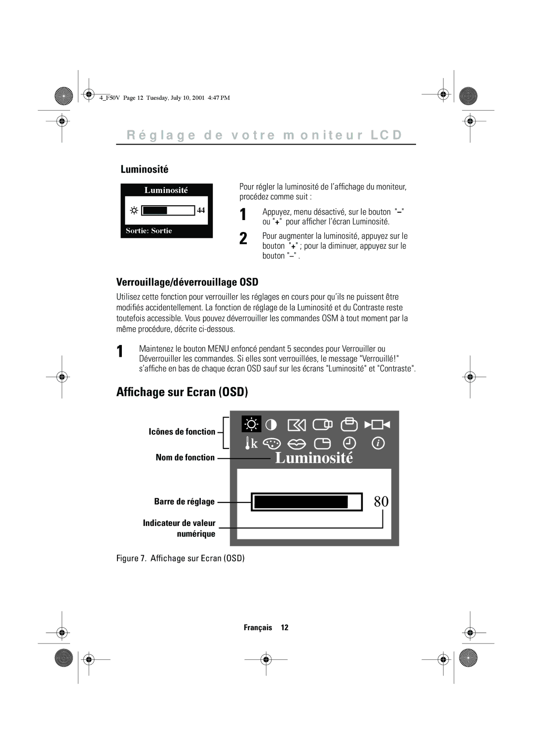 Samsung CN15VTPS/EDC manual Afﬁchage sur Ecran OSD, Luminosité, Verrouillage/déverrouillage OSD, Nom de fonction, Numérique 