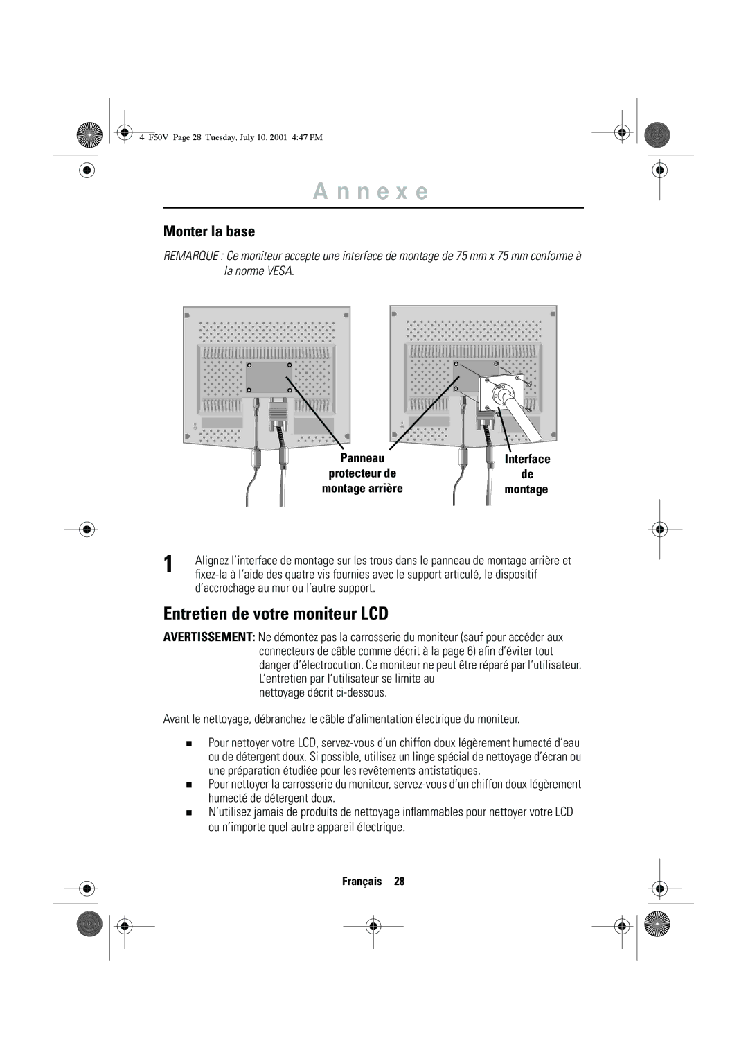 Samsung CN15VTSN/EDC, CN15VTAN/EDC Entretien de votre moniteur LCD, Monter la base, ’accrochage au mur ou l’autre support 