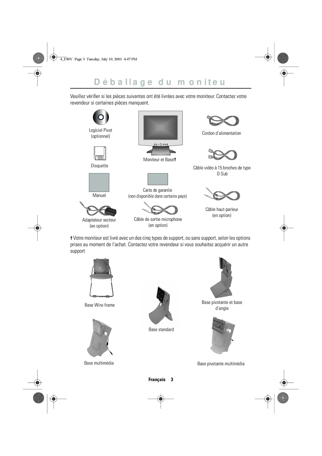 Samsung CN15VTSN/EDC, CN15VTAN/EDC, CN15VTSS/EDC, CN15VTAS/EDC, CN15VTPS/EDC manual Déballage du moniteu 