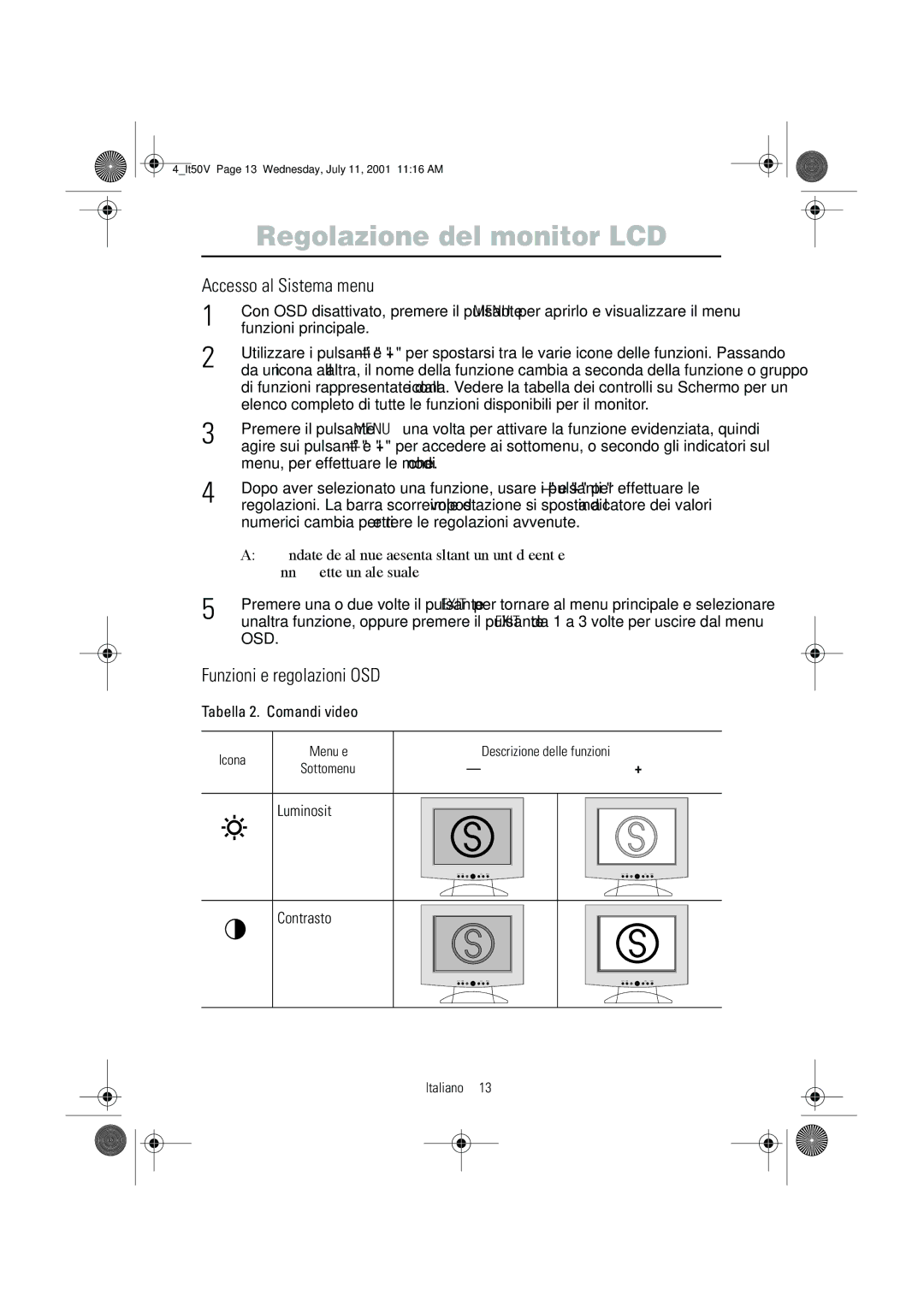 Samsung CN15VTSN/EDC, CN15VTAN/EDC, CN15VTSS/EDC Accesso al Sistema menu, Funzioni e regolazioni OSD, Luminosità Contrasto 