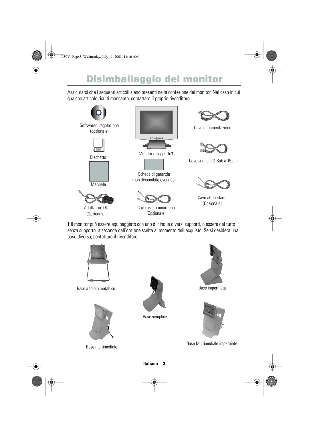 Samsung CN15VTSN/EDC, CN15VTAN/EDC, CN15VTSS/EDC, CN15VTAS/EDC, CN15VTPS/EDC manual Disimballaggio del monitor 