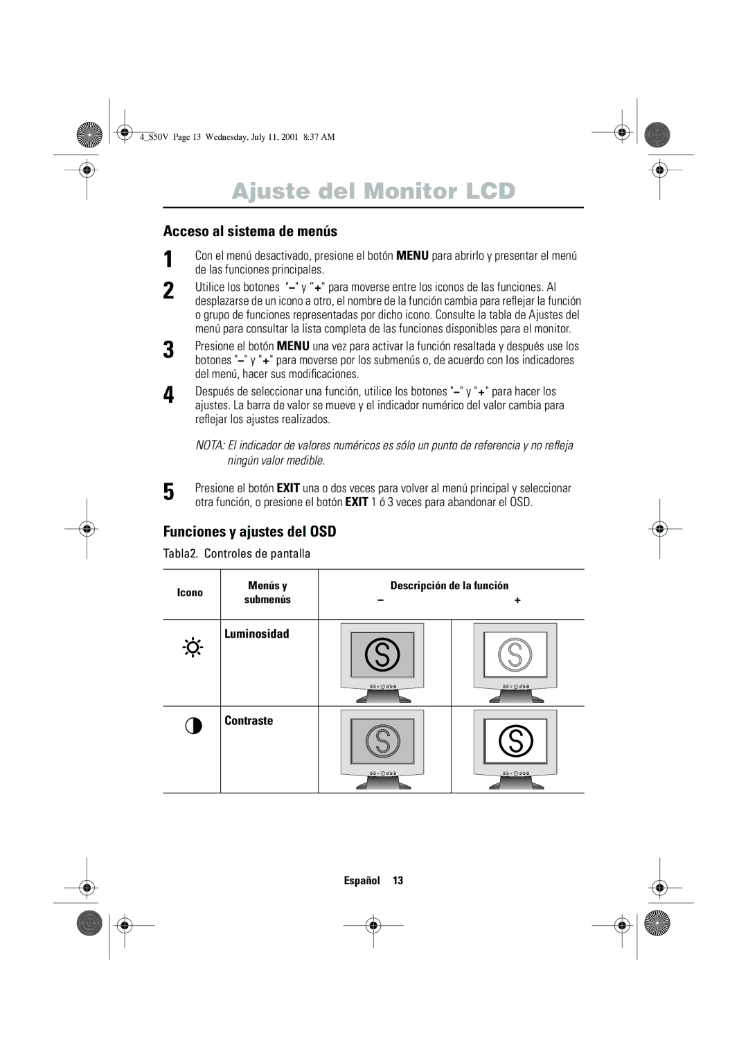 Samsung CN15VTSN/EDC manual Acceso al sistema de menús, Funciones y ajustes del OSD, Luminosidad Contraste 