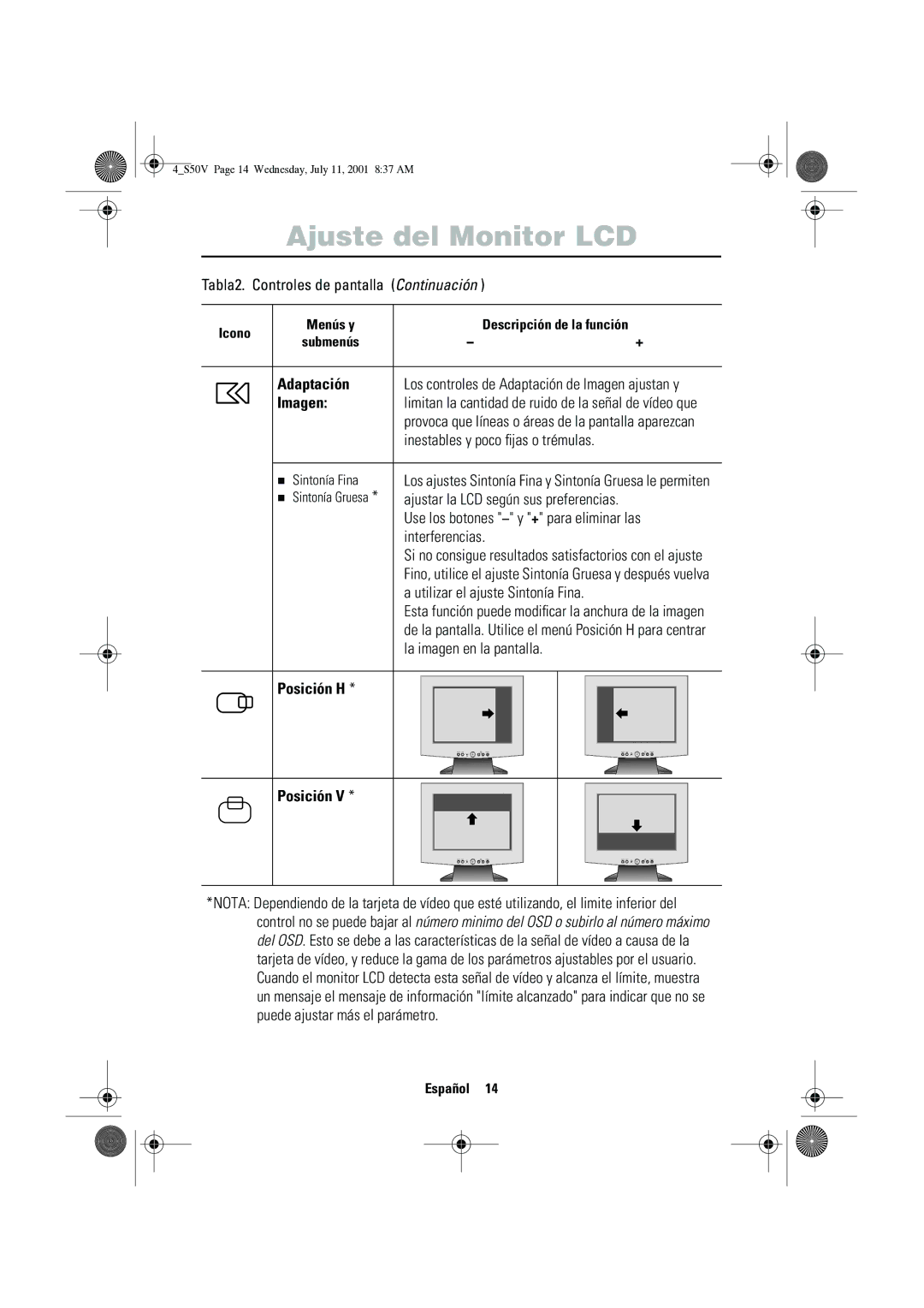 Samsung CN15VTSN/EDC manual Adaptación, Imagen, Posición H 