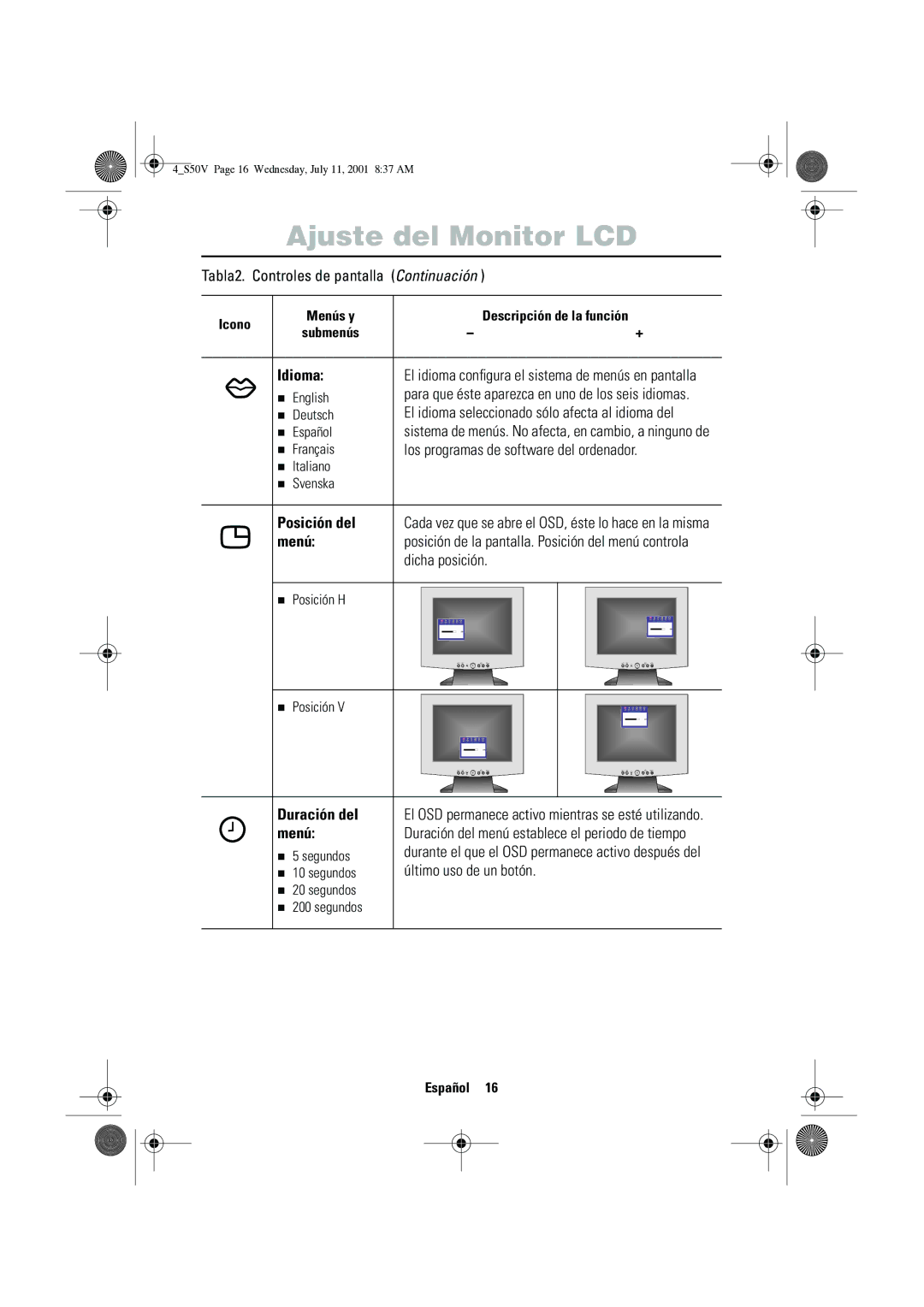 Samsung CN15VTSN/EDC manual Idioma, Posición del, Menú, Duración del 