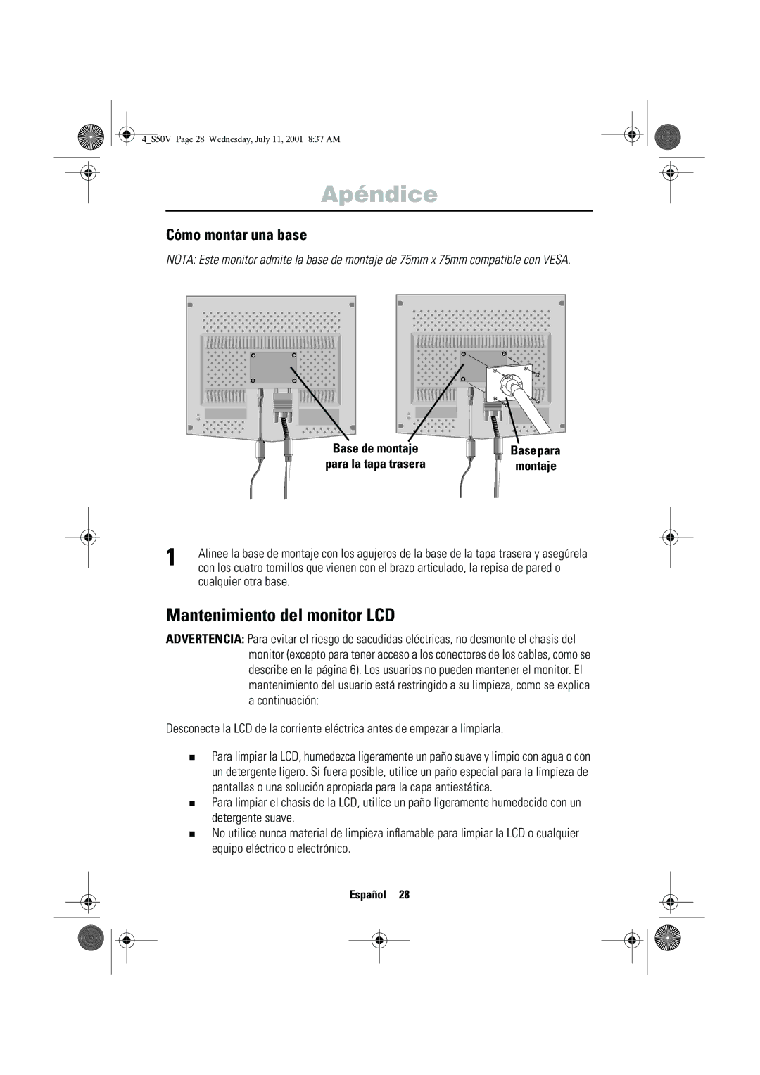 Samsung CN15VTSN/EDC manual Mantenimiento del monitor LCD, Cómo montar una base, Cualquier otra base 