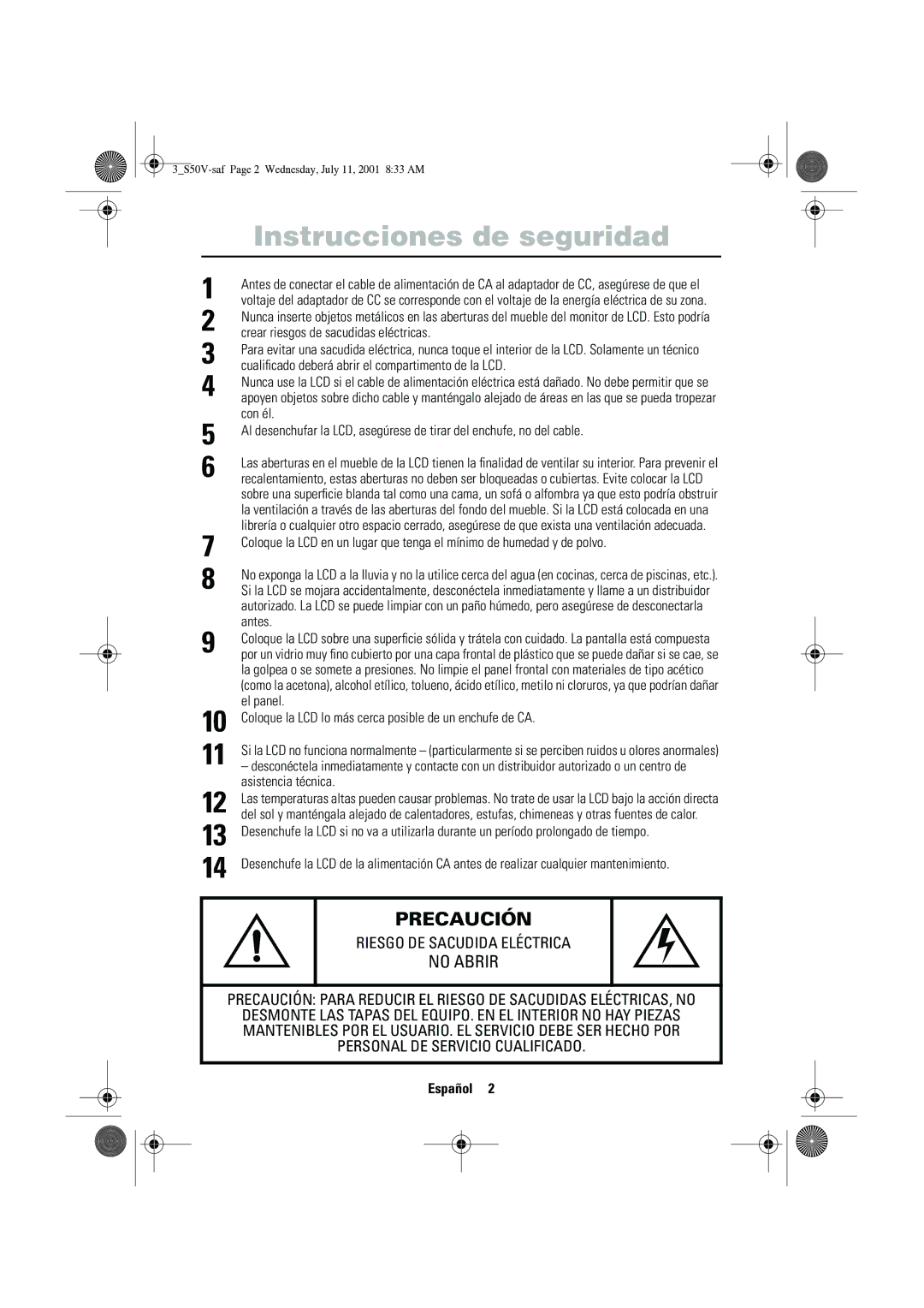 Samsung CN15VTSN/EDC manual Instrucciones de seguridad, Crear riesgos de sacudidas eléctricas 