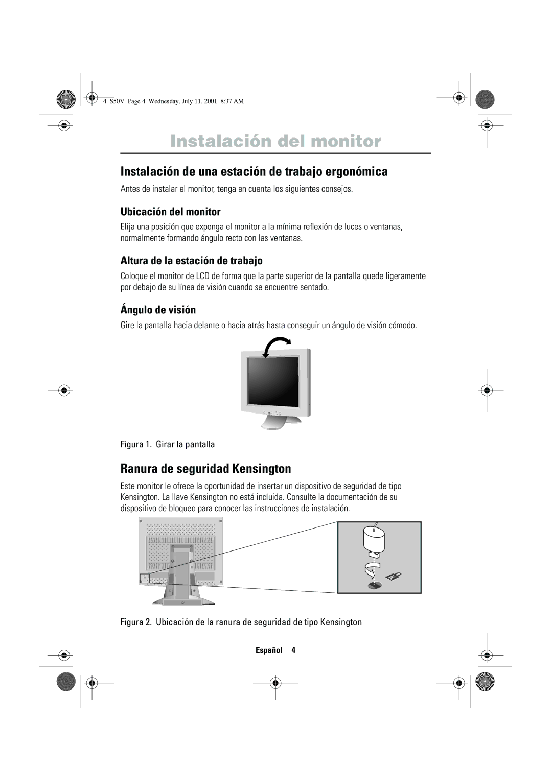 Samsung CN15VTSN/EDC manual Instalación del monitor, Instalación de una estación de trabajo ergonómica 