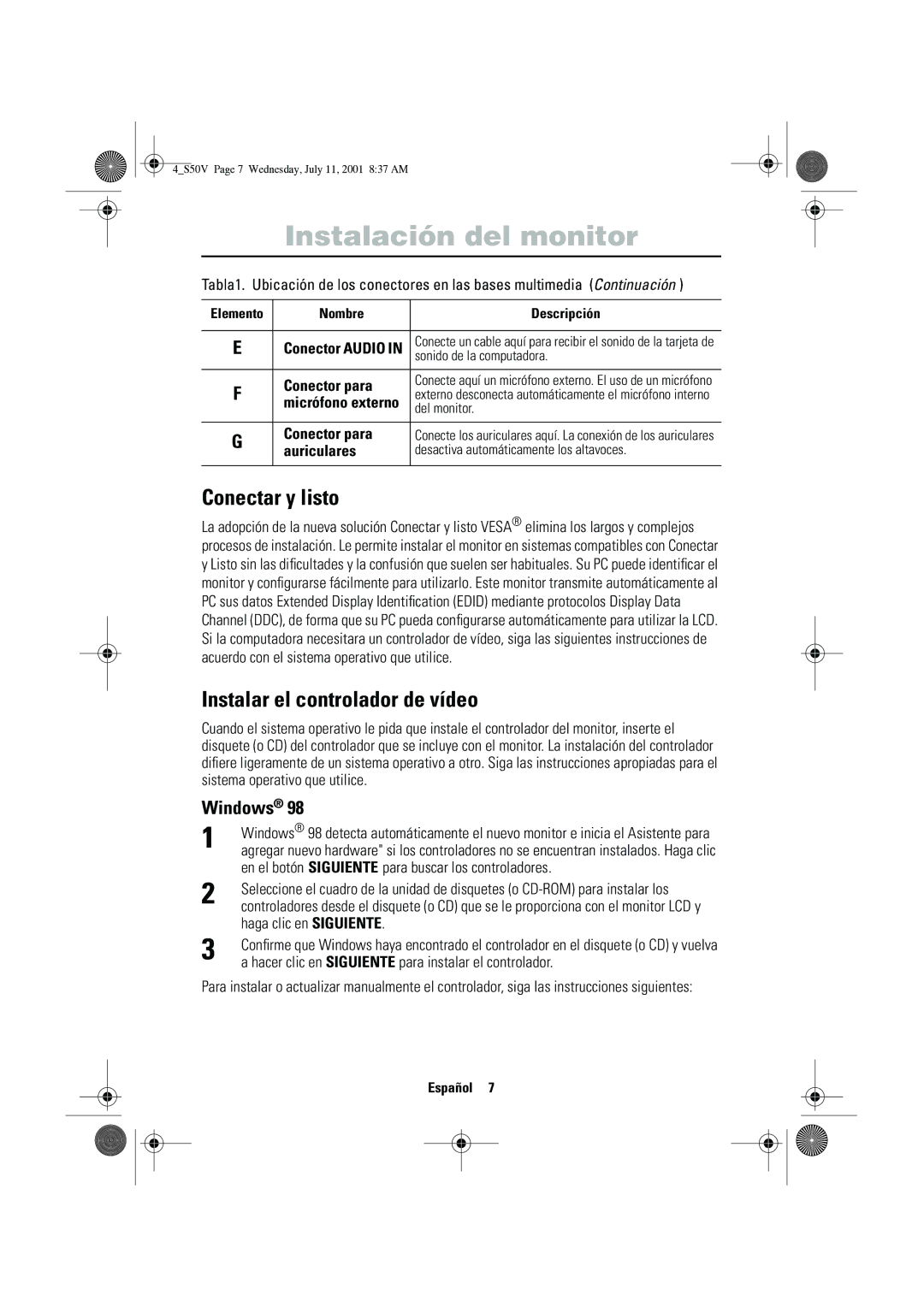 Samsung CN15VTSN/EDC manual Conectar y listo, Instalar el controlador de vídeo, Windows, Conector para, Auriculares 