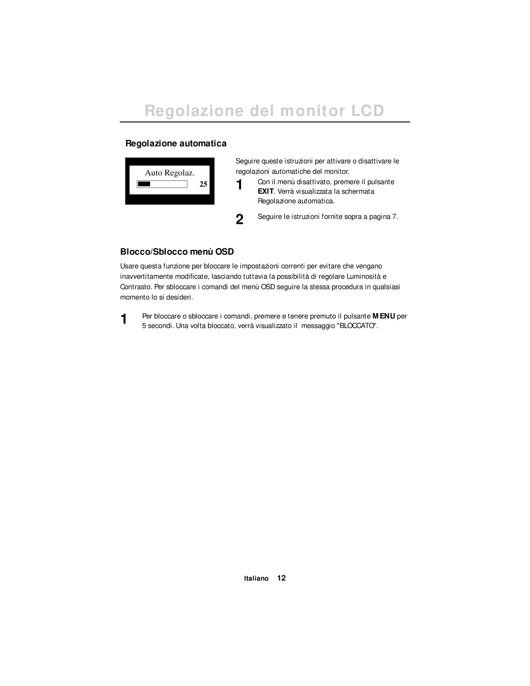 Samsung CN17ASAN/EDC, DV17MSSAN/EDC manual Regolazione automatica, Blocco/Sblocco menù OSD 