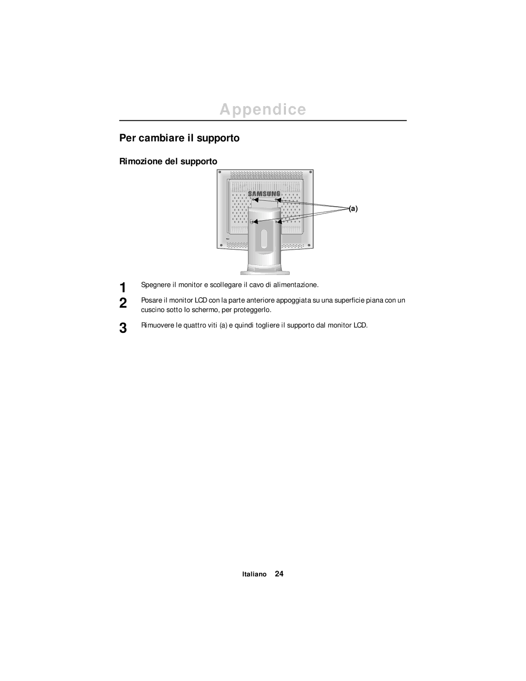 Samsung CN17ASAN/EDC, DV17MSSAN/EDC manual Per cambiare il supporto, Rimozione del supporto 