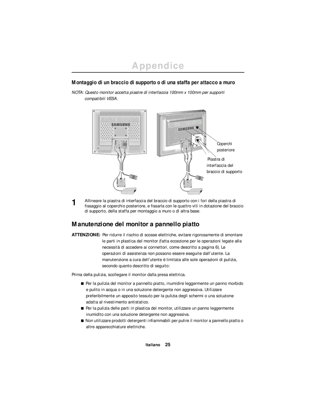 Samsung DV17MSSAN/EDC, CN17ASAN/EDC manual Manutenzione del monitor a pannello piatto 