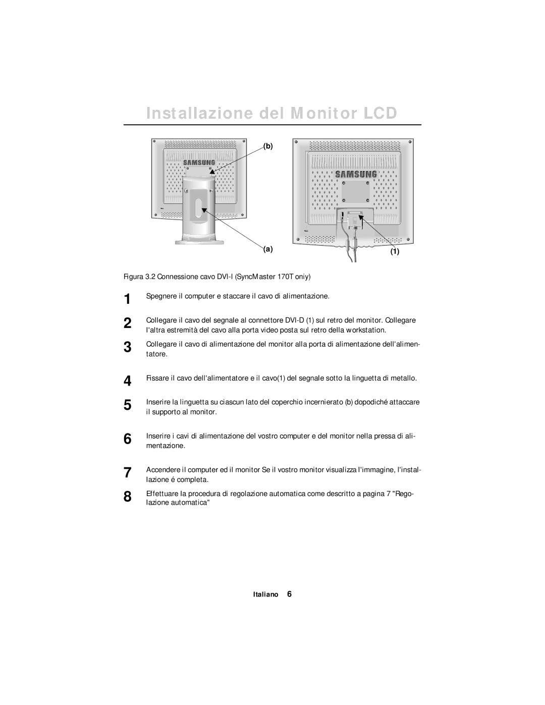 Samsung CN17ASAN/EDC, DV17MSSAN/EDC manual Figura 3.2 Connessione cavo DVI-I SyncMaster 170T oniy, Mentazione 