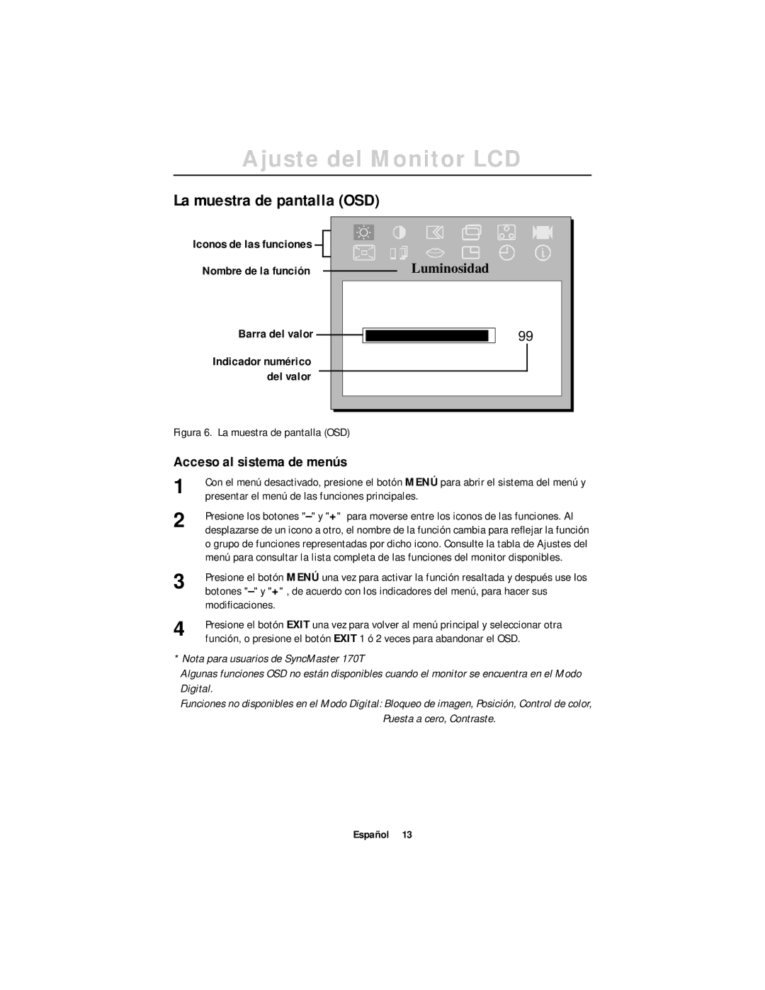 Samsung DV17MSSAN/EDC manual Acceso al sistema de menús, Iconos de las funciones Nombre de la función, Barra del valor 