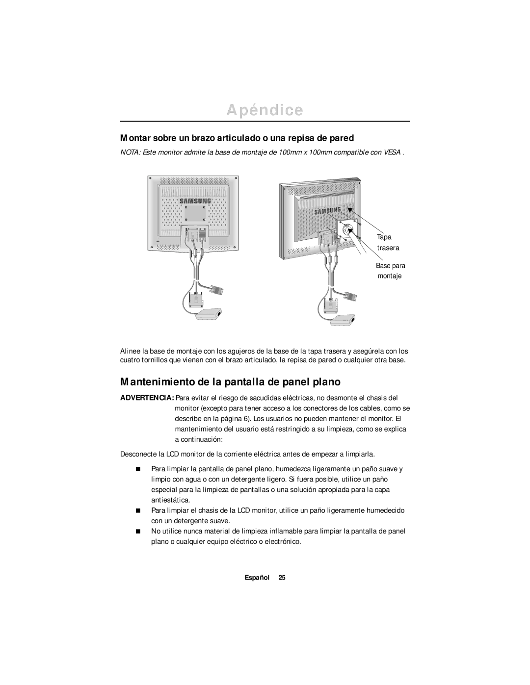 Samsung DV17MSSAN/EDC Mantenimiento de la pantalla de panel plano, Montar sobre un brazo articulado o una repisa de pared 