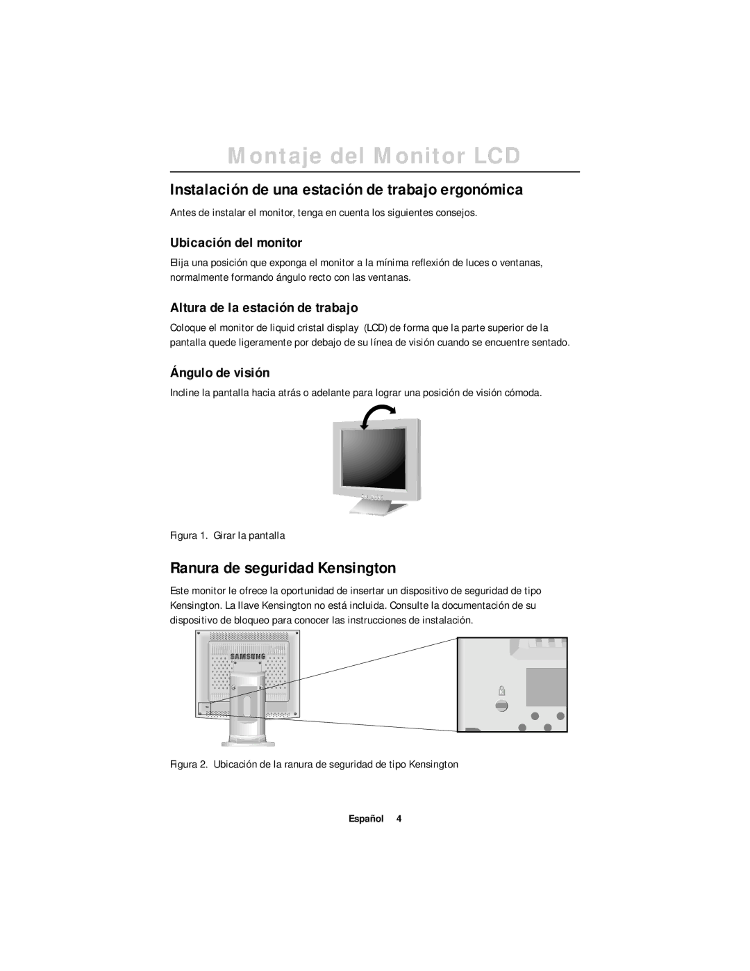 Samsung CN17ASAN/EDC, DV17MSSAN/EDC manual Montaje del Monitor LCD, Instalación de una estación de trabajo ergonómica 