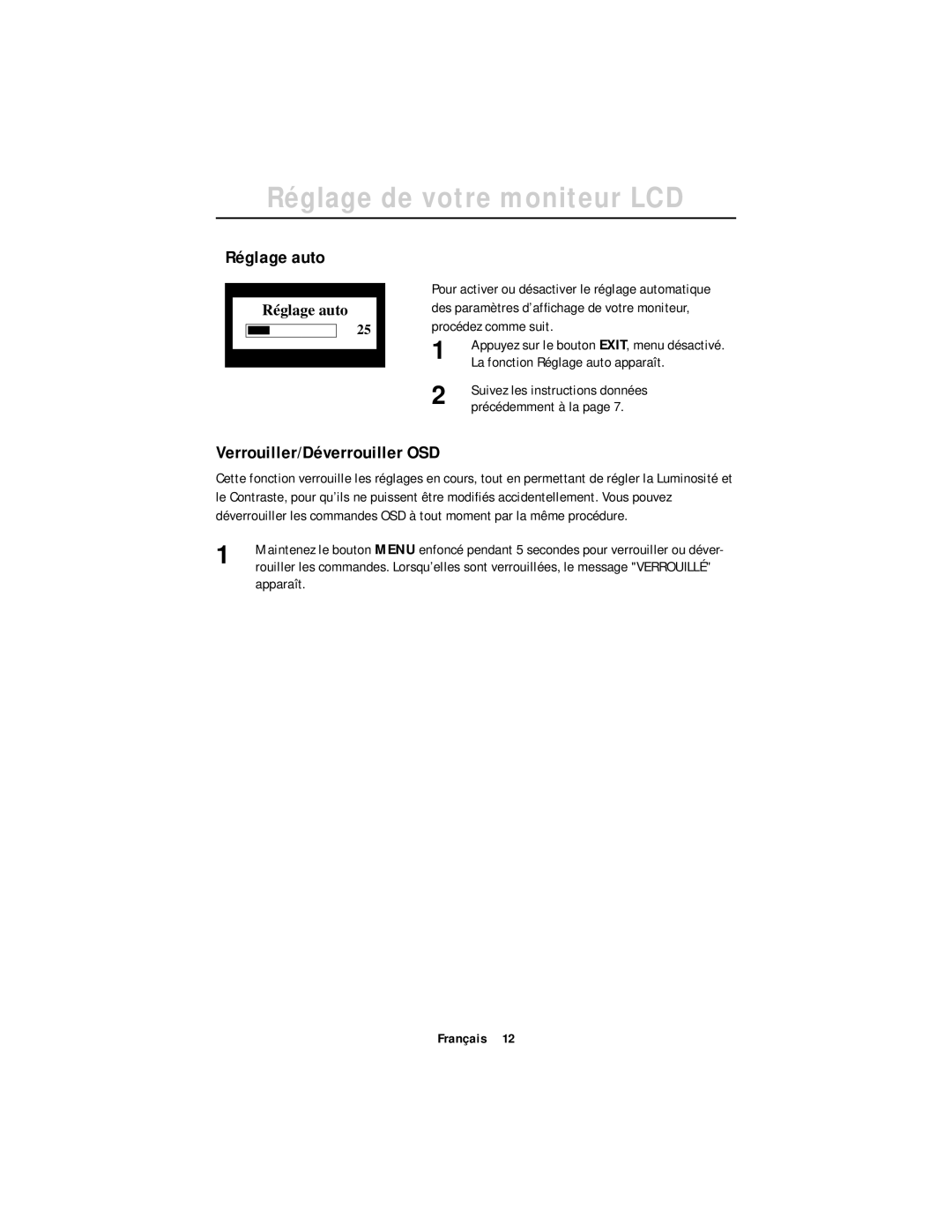 Samsung DV17MSSAS/EDC, CN17ASAS/EDC, CN17ASAN/EDC, DV17MSSAN manual Réglage auto, Verrouiller/Déverrouiller OSD, Apparaît 