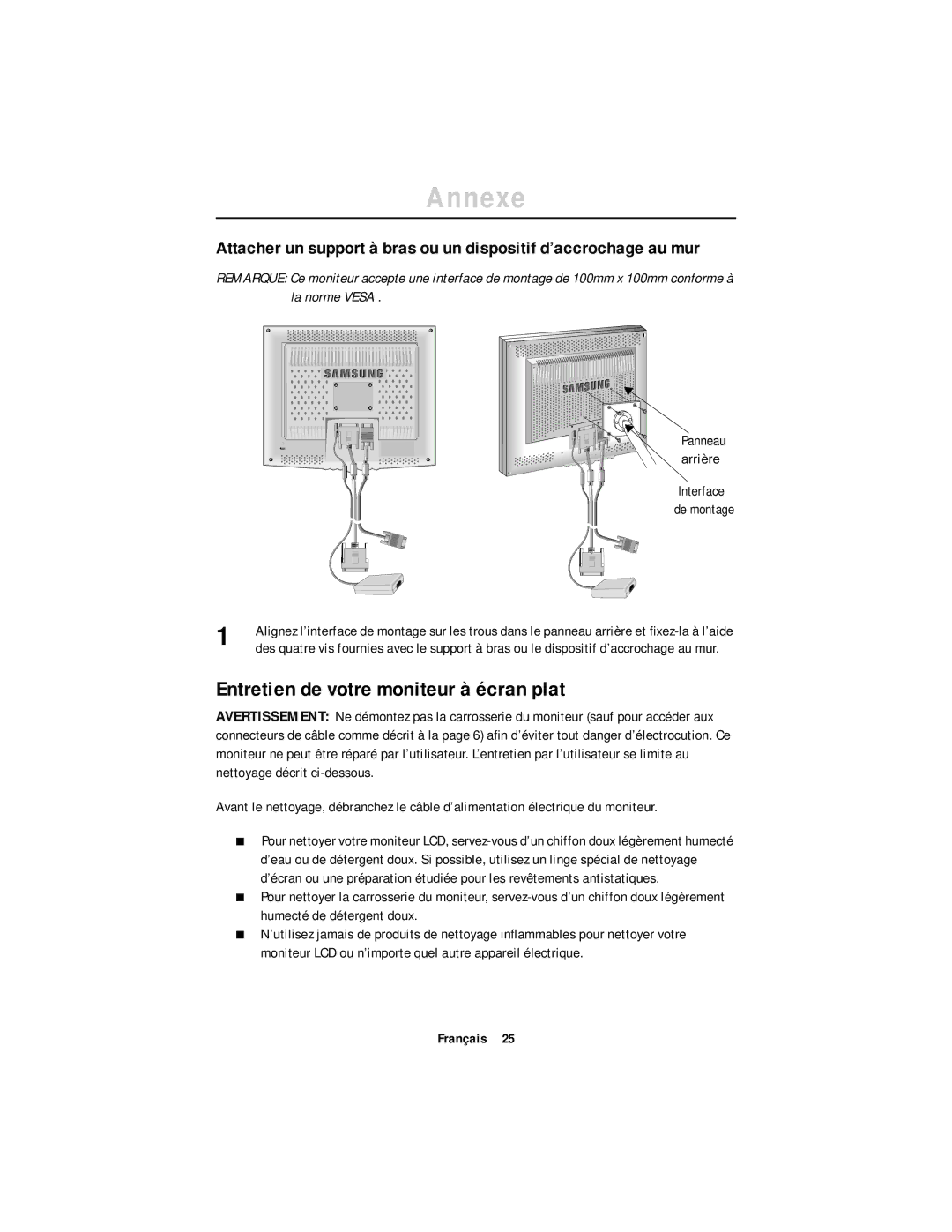 Samsung CN17ASAS/EDC, CN17ASAN/EDC, DV17MSSAS/EDC, DV17MSSAN Entretien de votre moniteur à écran plat, Panneau Arrière 