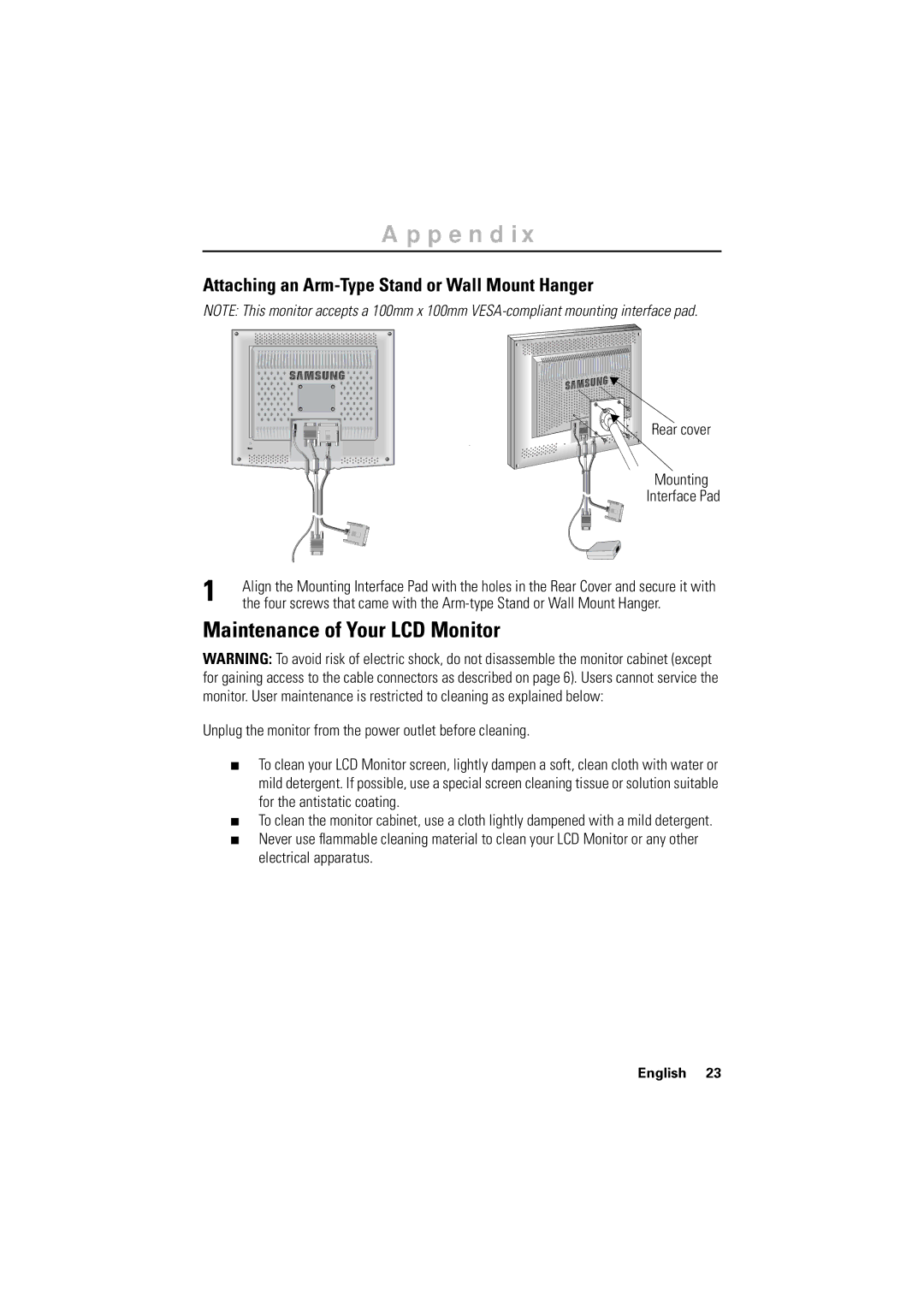 Samsung CN17BSAN/XSJ, GR17MSSAN/EDC manual Maintenance of Your LCD Monitor, Attaching an Arm-Type Stand or Wall Mount Hanger 