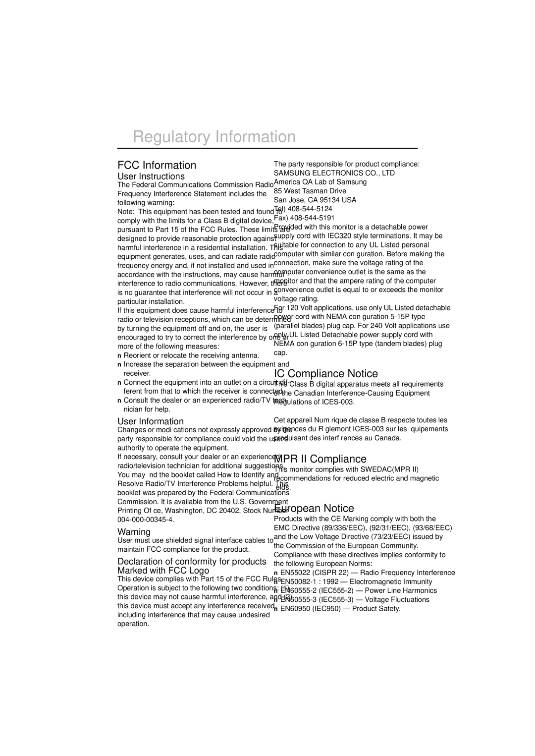 Samsung GR17MSSAN/EDC, CN17BSAN/XSJ, CN17BSAN/EDC FCC Information, IC Compliance Notice, MPR II Compliance, European Notice 