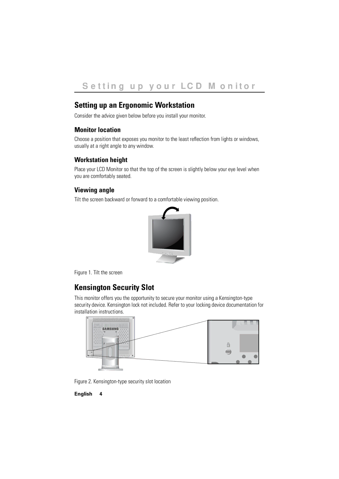 Samsung GR17MSSAN/EDC manual Setting up your LCD Monitor, Setting up an Ergonomic Workstation, Kensington Security Slot 