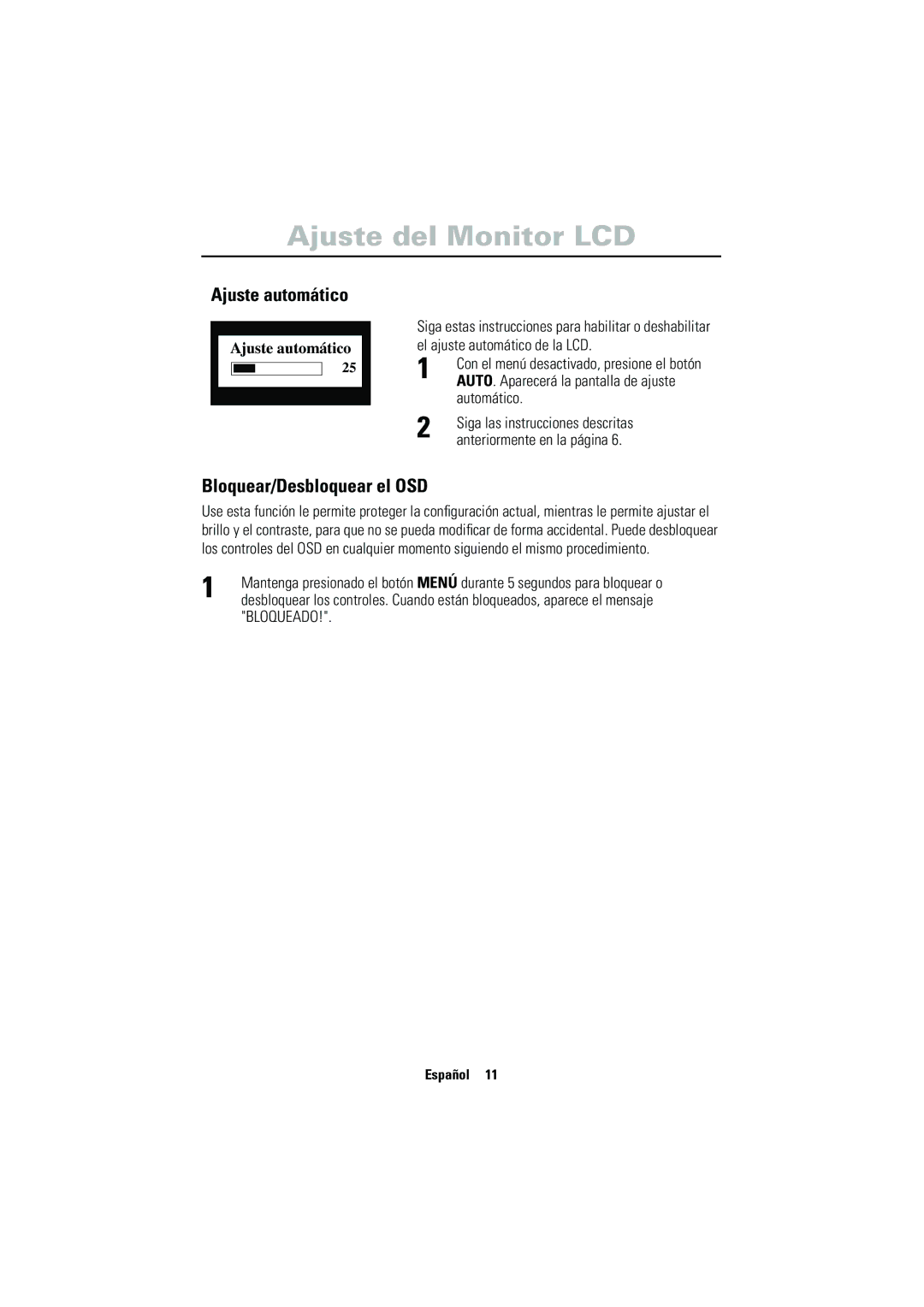 Samsung CN17VSSN/EDC manual Ajuste automático, Bloquear/Desbloquear el OSD 