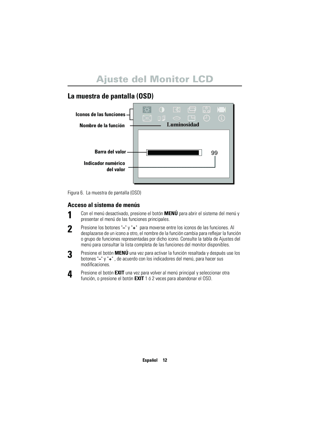 Samsung CN17VSSN/EDC La muestra de pantalla OSD, Acceso al sistema de menús, Barra del valor Indicador numérico Del valor 