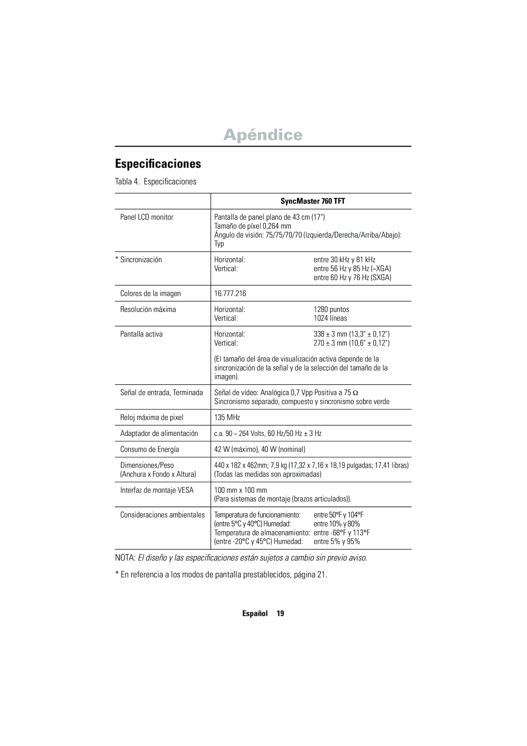 Samsung CN17VSSN/EDC manual Especiﬁcaciones 