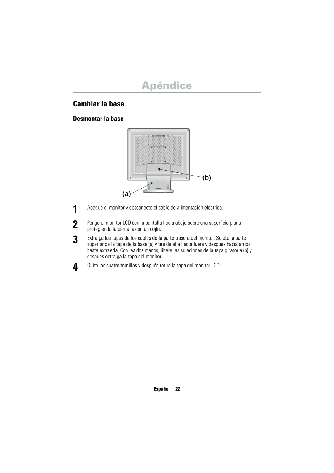 Samsung CN17VSSN/EDC manual Cambiar la base, Desmontar la base, Protegiendo la pantalla con un cojín 