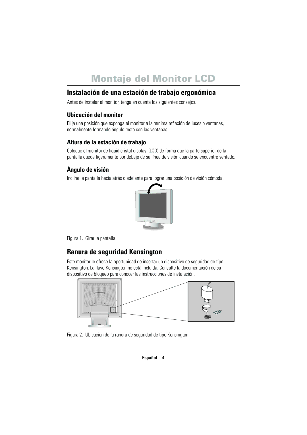 Samsung CN17VSSN/EDC manual Montaje del Monitor LCD, Instalación de una estación de trabajo ergonómica 