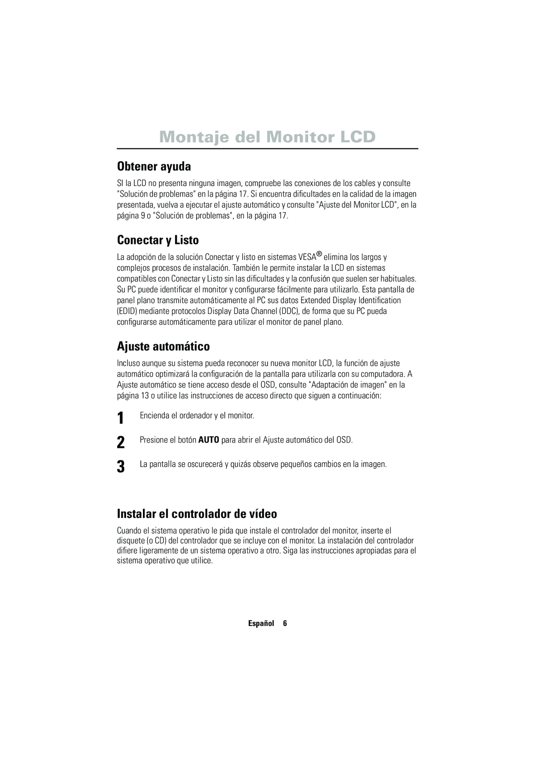 Samsung CN17VSSN/EDC manual Obtener ayuda, Conectar y Listo, Ajuste automático, Instalar el controlador de vídeo 