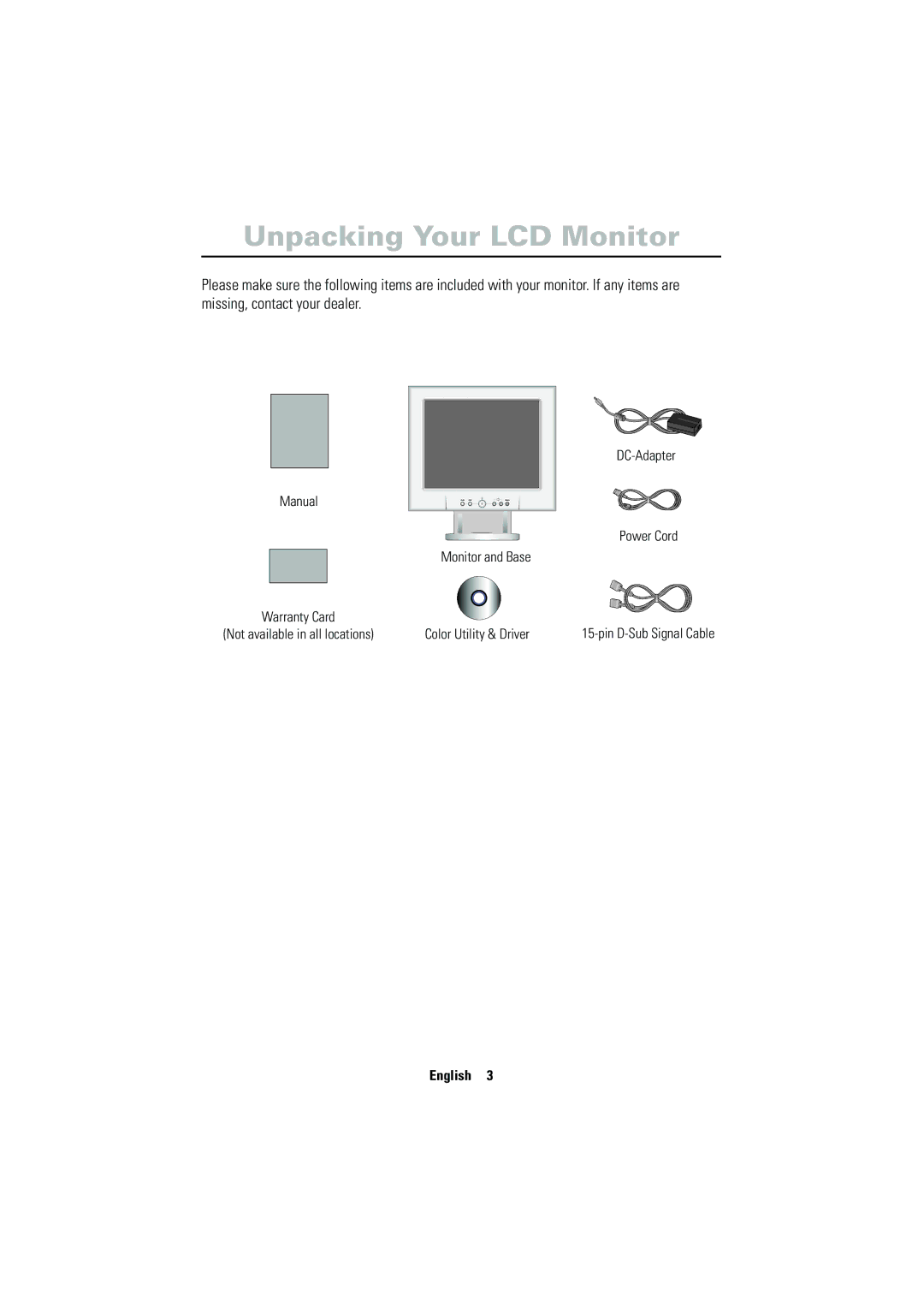 Samsung CN17VSSN/EDC manual Unpacking Your LCD Monitor, English 