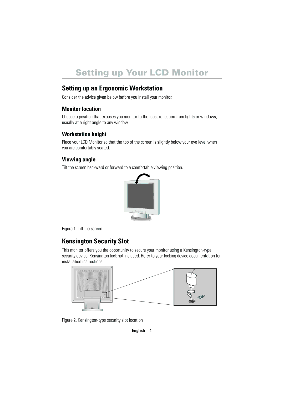 Samsung CN17VSSN/EDC manual Setting up Your LCD Monitor, Setting up an Ergonomic Workstation, Kensington Security Slot 