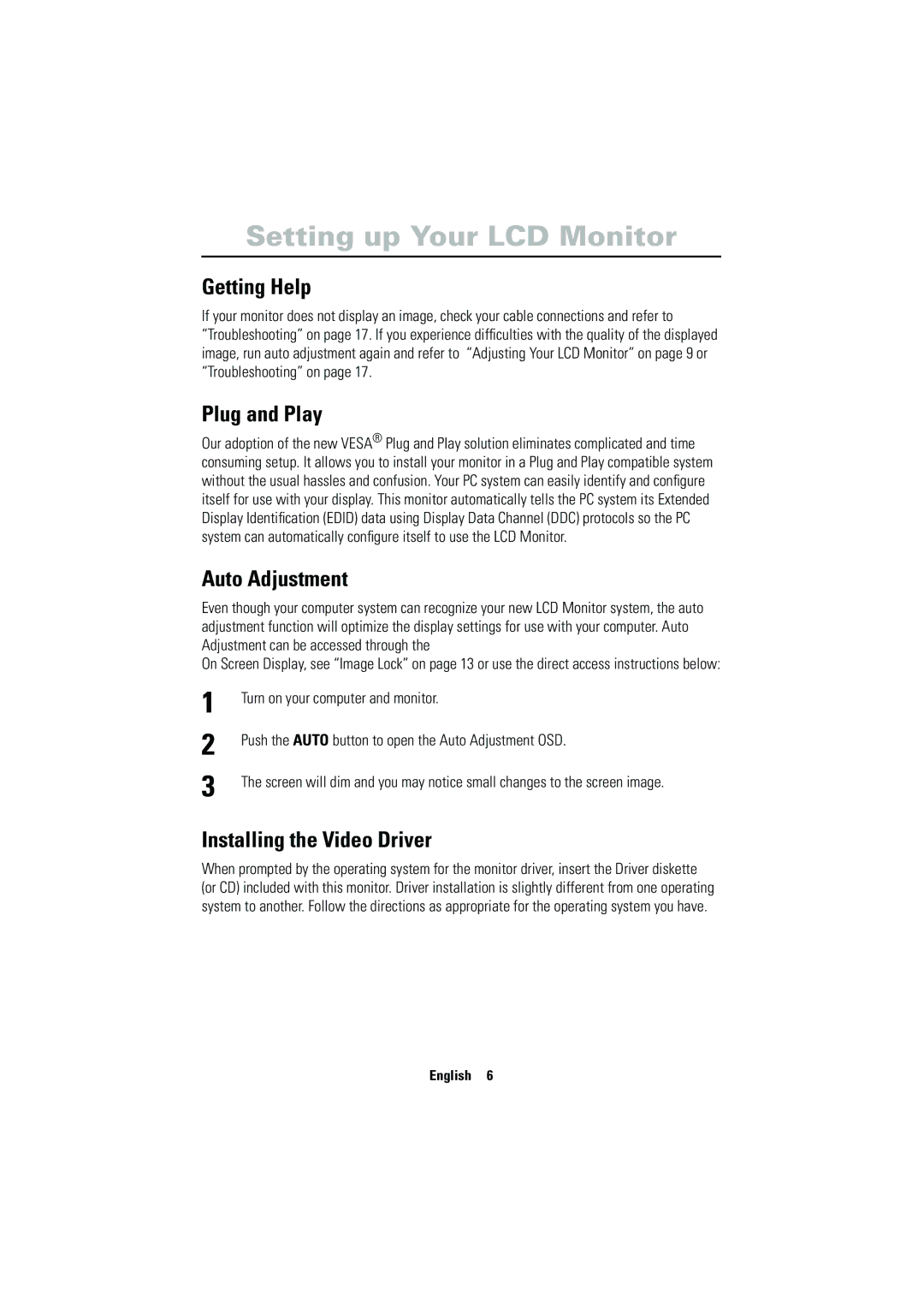 Samsung CN17VSSN/EDC manual Getting Help, Plug and Play, Auto Adjustment, Installing the Video Driver 