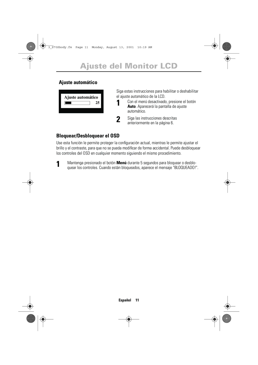 Samsung CN17VTSN/EDC manual Ajuste automático, Bloquear/Desbloquear el OSD 