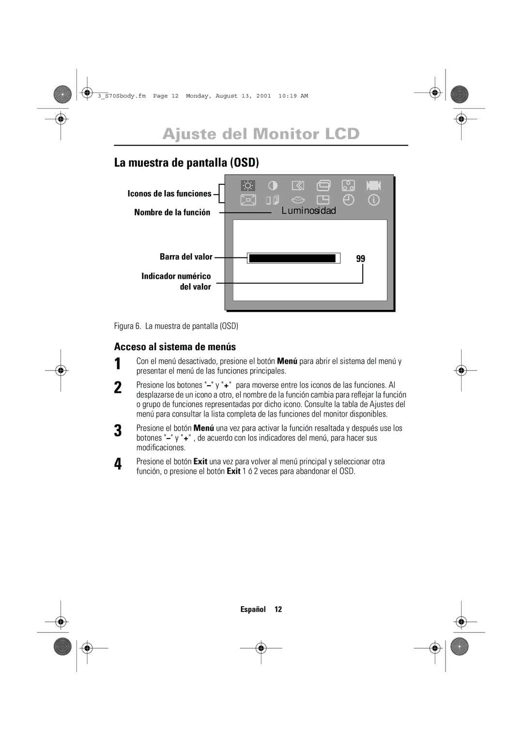 Samsung CN17VTSN/EDC La muestra de pantalla OSD, Acceso al sistema de menús, Barra del valor Indicador numérico Del valor 